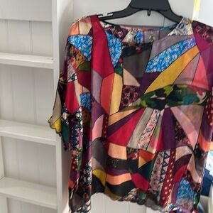 Jonny Was XS multicolor patch print boho shirt 100% silk loose